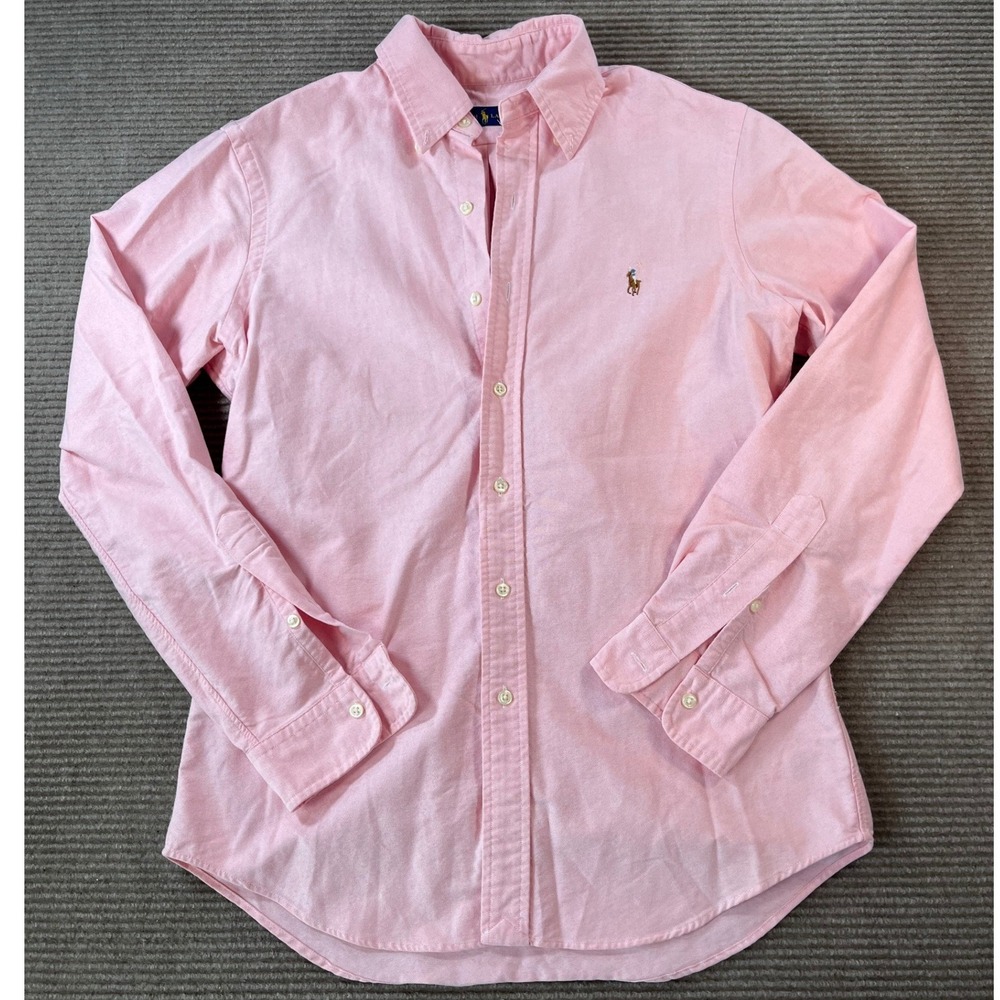Ralph Lauren Womens Pink Oxford Button Down Shirt Long Sleeve Pony Logo Sz Small